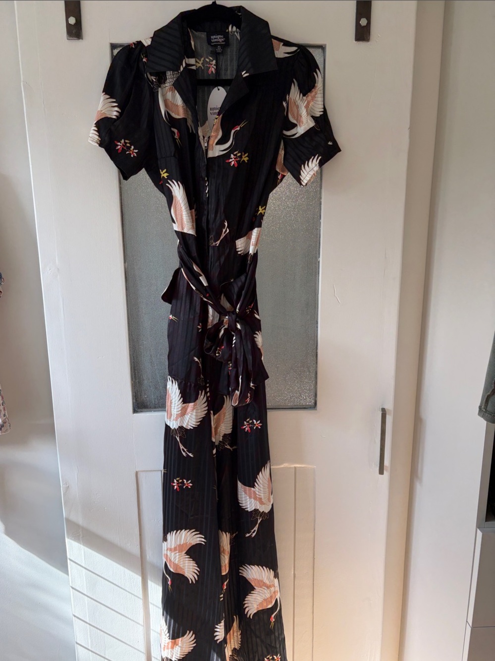 Unique Vintage Black Crane-Print Jumpsuit